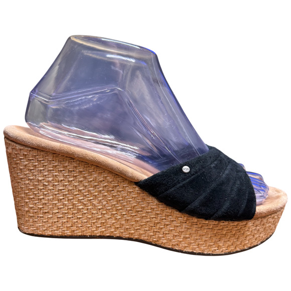 UGG Alvina Women's 7 Black Leather Suede Beige Wedge Heel Slip On Sandal Comfort - Picture 3 of 13